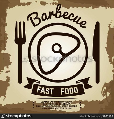 Vintage poster with babecue label with meat, fork, knife and lettering sign. Banner barbecue vector illustration. Vintage poster with babecue label with meat, fork, knife and lettering sign