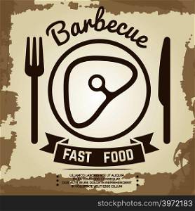 Vintage poster with babecue label with meat, fork, knife and lettering sign. Banner barbecue vector illustration. Vintage poster with babecue label with meat, fork, knife and lettering sign