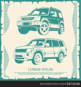 Vintage poster with Jeep cars design. Banner with automobile, vector illustration. Vintage poster with Jeep cars design