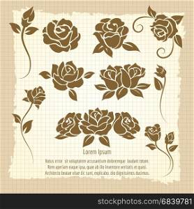 Vintage poster with roses flowers. Vintage poster with roses flowers. Vector hand drawn decorative roses collection