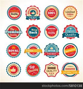 Vintage Premium Quality Color Badges. Best quality limited edition and guaranteed money back round black and white badges collection isolated vector illustration