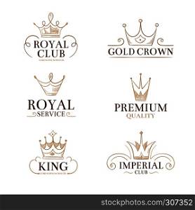 Vintage princess vector labels and logos with crowns. Linear royal crown, illustration of royal club and service. Vintage princess vector labels and logos with crowns