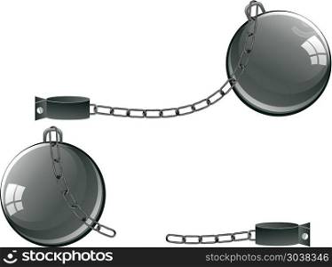 Vintage Prison Shackles. Gray metal chains with ball and shackles on white background.