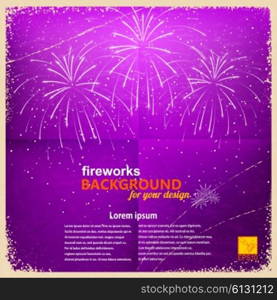Vintage purple background with fireworks. Vector illustration