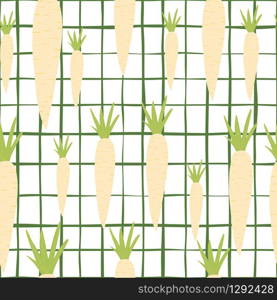 Vintage radish root seamless pattern on stripe background. Botanical wallpaper. Vegetarian healthy food texture. Design for fabric, textile print, wrapping paper, kitchen textiles. Vector illustration. Vintage radish root seamless pattern on stripe background.