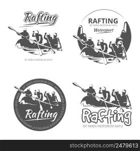 Vintage rafting, canoe and kayak vector labels, emblems and badges set. Canoe outdoor activity on river illustration. Vintage rafting, canoe and kayak vector labels, emblems badges set