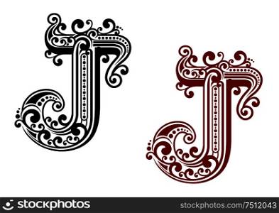 Vintage red and black capital letter J in medieval monogram style, adorned by intricate twisty lines, curlicues and calligraphic decorative elements. Vintage capital letter J in medieval style