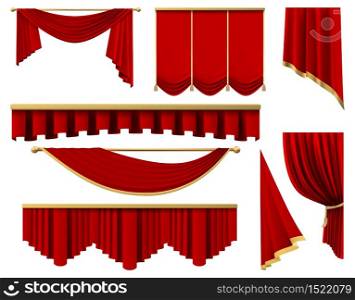 Vintage red realistic curtains. Stage luxury scarlet fabric curtain, silk interior lambrequin draperies vector illustration set. Premiere red portiere with golden for theater or cinema elements. Vintage red realistic curtains. Stage luxury scarlet fabric curtain, silk interior lambrequin draperies vector illustration set