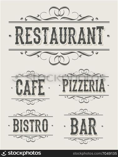 Vintage Restaurant And Pizzeria Banners. Illustration of a set of vintage restaurant, bistro, bar, cafe and pizzeria banners, with retro ornaments