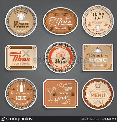 Vintage restaurant menu paper labels design template set isolated vector illustration