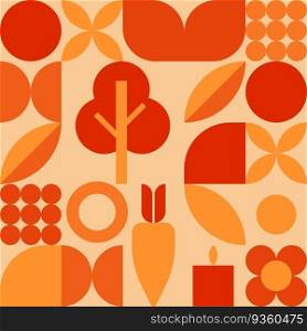 Vintage retro bauhaus seamless pattern. Abstract geometric shape ornament with tree, carrot, candle and shapes. Modern stylish background for home and textile print, tile, wallpaper and wrapping. Vintage retro bauhaus seamless pattern. Abstract geometric shape ornament with tree, carrot, candle and shapes.