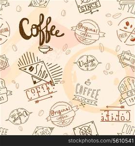 Vintage retro coffee stamp seamless pattern for cafe restaurant wallpaper design vector illustration