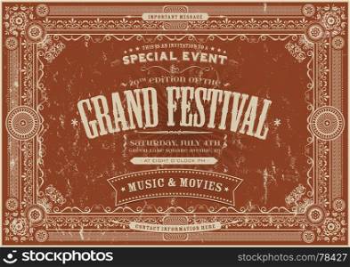 Vintage Retro Festival Poster Background. Illustration of a retro vintage horizontal festival poster background with floral and royal shapes, frames, banners and grunge texture