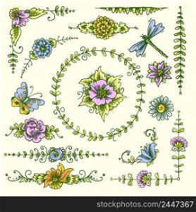 Vintage retro floral calligraphic art decorative elements colored sketch set with flowers and butterflies isolated vector illustration. Vintage decorative elements color