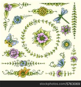 Vintage retro floral calligraphic art decorative elements colored sketch set with flowers and butterflies isolated vector illustration