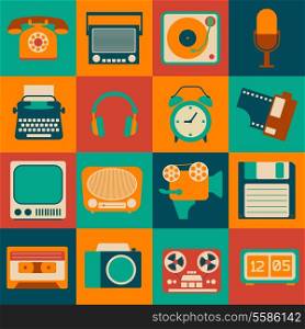 Vintage retro gadgets icons set of microphone telephone typewriter isolated vector illustration