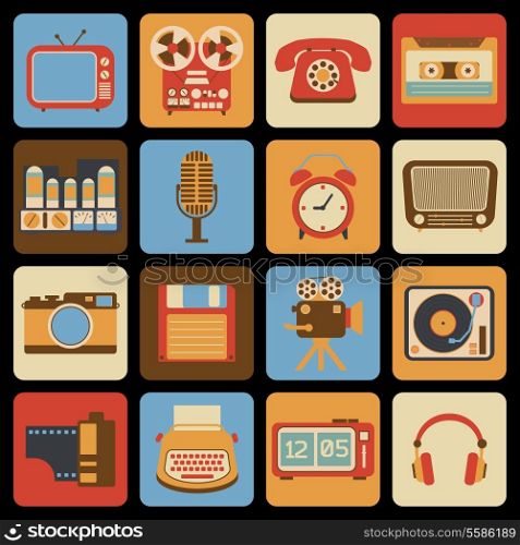 Vintage retro gadgets icons set of radio vinyl player alarm clock isolated vector illustration
