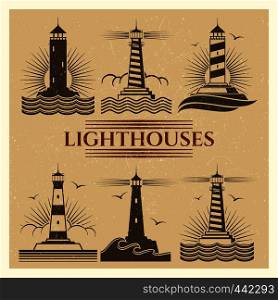 Vintage retro grunge lighthouses logos and label vector set illustration. Vintage lighthouses logos vector set