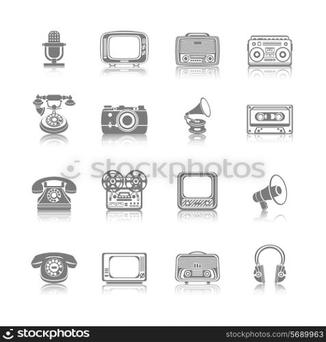 Vintage retro media gadgets black icons set of tape recorder gramophone megaphone isolated vector illustration