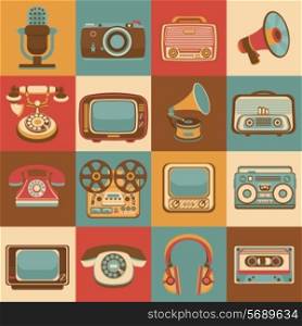 Vintage retro media gadgets icons set of radio microphone camera isolated vector illustration