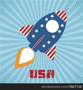 Vintage Retro Rocket With USA Flag Concept. Illustration With Text
