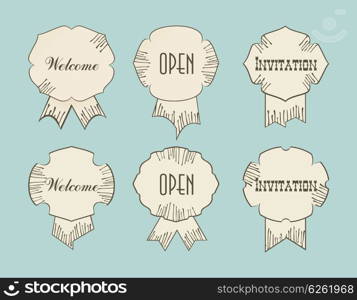 Vintage retro tags with Open Welcom Invitation words, typography design drawing signs.