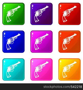 Vintage revolver icons of 9 color set isolated vector illustration. Vintage revolver set 9