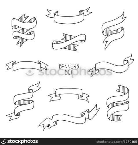 Vintage ribbon banners, hand drawn set for design. Vector illustration.