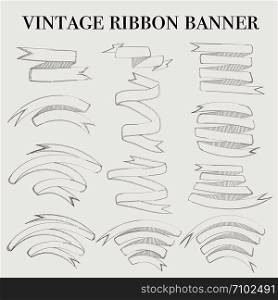Vintage ribbon outline banner elements set. Vector illustration.