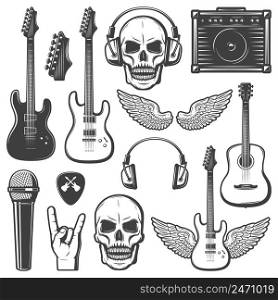 Vintage rock music elements set with guitars skull amplifier headphone mediator wings microphone hand gesture isolated vector illustration. Vintage Rock Music Elements Set