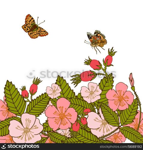 Vintage romantic abstract summer flower branches background with flying butterflies vector illustration.