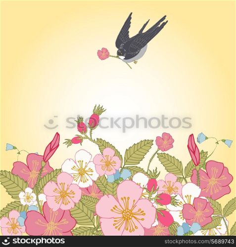 Vintage romantic abstract summer flower branches background with swallow bird vector illustration