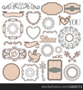 Vintage romantic elements collection with beautiful frames ornamental vignettes ribbons pigeon keys calligraphic inscriptions isolated vector illustration . Vintage Romantic Elements Collection