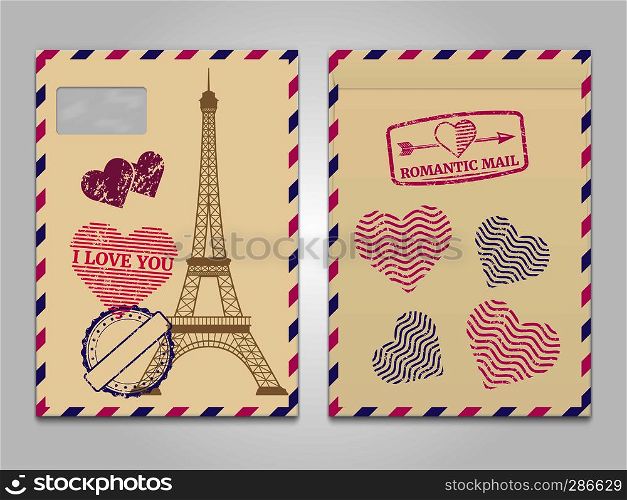 Vintage romantic envelopes with Eiffel tower and love stamps. Travel postcard romantic mail envelope. Vector illustration. Vintage romantic envelopes with Eiffel tower and love stamps