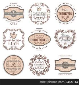 Vintage romantic labels set with wedding invitation love amorous inscriptions pigeon ornamental frames and vignettes isolated vector illustration. Vintage Romantic Labels Set
