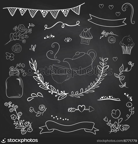 Vintage romantic set in vector. Stylish romantic elements for party. Chalkboard background. Ideal for set designs of celebration