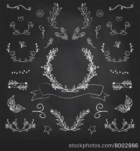 Vintage romantic set in vector. Stylish romantic elements for party. Chalkboard background. Ideal for set designs of celebration