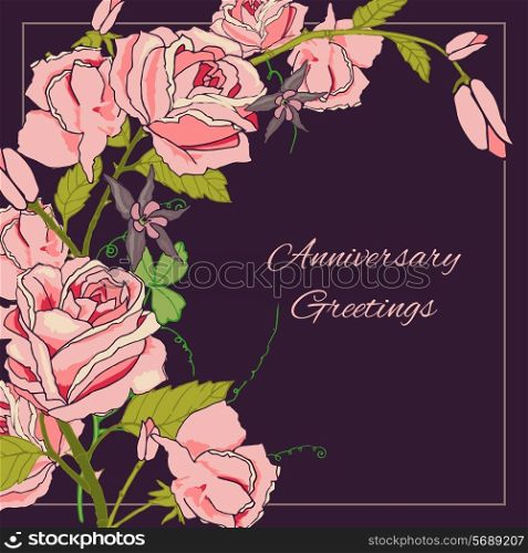 Vintage rose flowers wedding anniversary postcard with dark background vector illustration