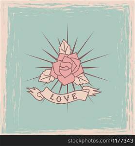 Vintage rose with snipes, ribbon banner and text love. Retro tattoo template vector illustration. Vintage rose tattoo template