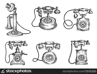 Vintage rotary dial telephones isolated icons, sketch style objects. For telecommunication or retro concept design. Vintage isolated rotary dial telephones sketches
