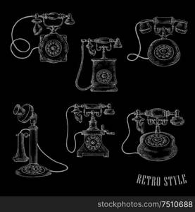 Vintage rotary dial telephones isolated sketch icons for telecommunication or retro concept design. Vintage rotary dial telephone sketch icons