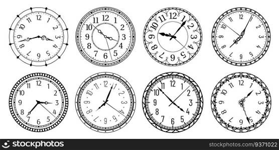 Vintage round clock face. Antique clocks with arabic numerals, retro watchface and antic watches. Elegant time clock, hour clocking sign. Isolated vector illustration symbols set. Vintage round clock face. Antique clocks with arabic numerals, retro watchface and antic watches vector illustration set