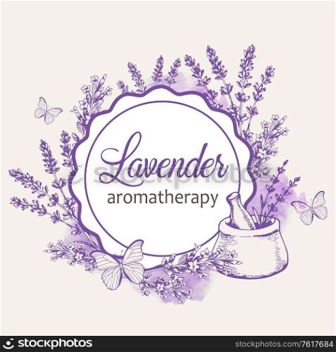 Vintage round floral frame with lavender flowers and butterflies. Spa and aromatherapy ingredients. Hand drawn vector background.