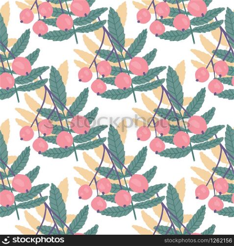Vintage rowan seamless pattern on white background. Floral backdrop. Botanical wallpaper. Textile print design. Design for fabric, textile print, wrapping paper, kitchen textiles. Vector illustration. Vintage rowan seamless pattern on white background. Floral backdrop. Botanical wallpaper.
