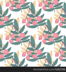 Vintage rowan seamless pattern on white background. Floral backdrop. Botanical wallpaper. Textile print design. Design for fabric, textile print, wrapping paper, kitchen textiles. Vector illustration. Vintage rowan seamless pattern on white background. Floral backdrop. Botanical wallpaper.