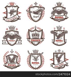 Vintage royal coats of arms set with letterings eagle crown laurel wreath heraldic shields isolated vector illustration . Vintage Royal Coats Of Arms Set