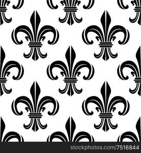 Vintage royal fleur-de-lis black and white seamless pattern of victorian floral composition, adorned by swirls and flourishes. Interior, textile or wallpaper design. Victorian royal fleur-de-lis seamless pattern