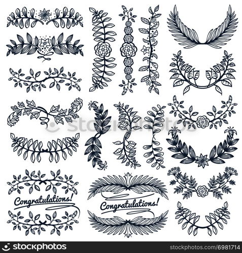 Vintage rustic decoration for wedding celebration design. Sketch empty wreath and border frames vector set. Decoration wreath frame, illustration of flower and branch. Vintage rustic decoration for wedding celebration design. Sketch empty wreath and border frames vector set