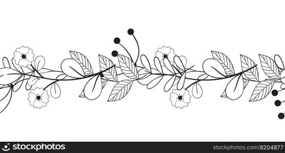 Vintage rustic seamless pattern border with floral motif. Flowers black and white line illustration. Umberella berry branch and flowers with leaf. Vintage rustic seamless pattern border with floral motif. Flowers black and white line illustration. Umberella berry branch and flowers with leaf.