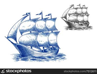 Vintage sail ship in ocean under full sail with flags on masts, for marine adventure or nautical theme design. Sketch image. Vintage ship under full sail in ocean